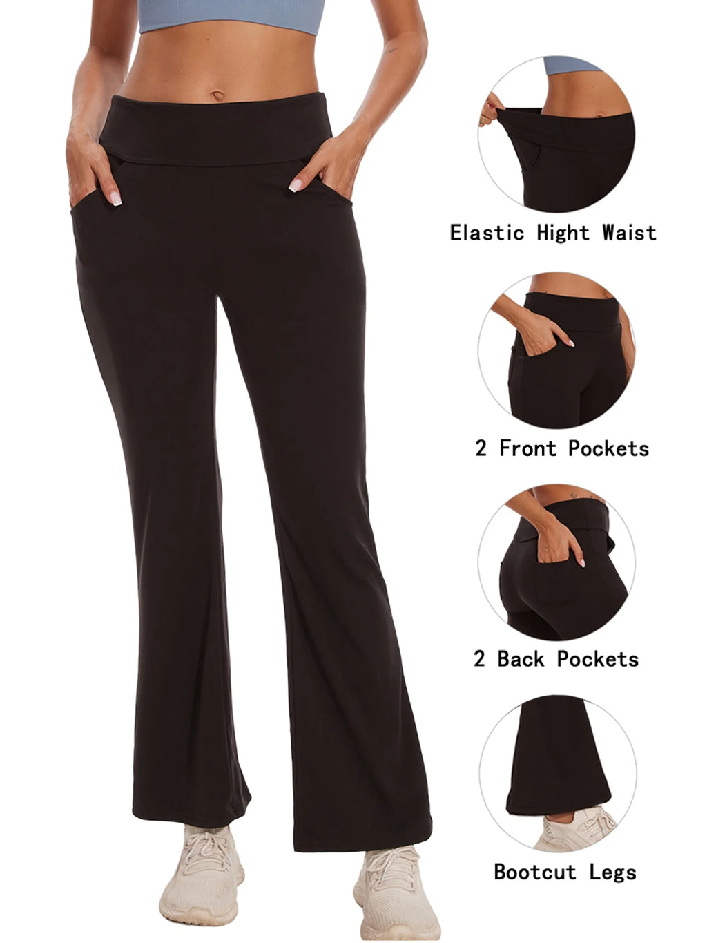 Womens Bootcut Yoga Pants with Pockets Flare Workout Legging High Waist Bootleg Bottoms Activewear Black L