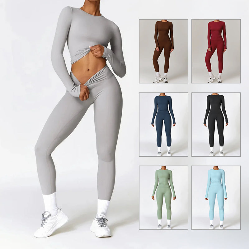 Tight-Fitting Brushed Yoga Suit Quick-Drying Fitness Clothes Fitness Long Sleeve Tracksuits Sports Suit Gym Top High Waist Leggings Women Sets Yoga Set