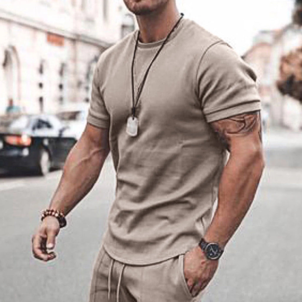 Men'S Short Sleeve T-Shirt and Shorts Set Sport Casual Crew Neck Muscle Sportswear 2 Piece Tracksuit Summer Outfits