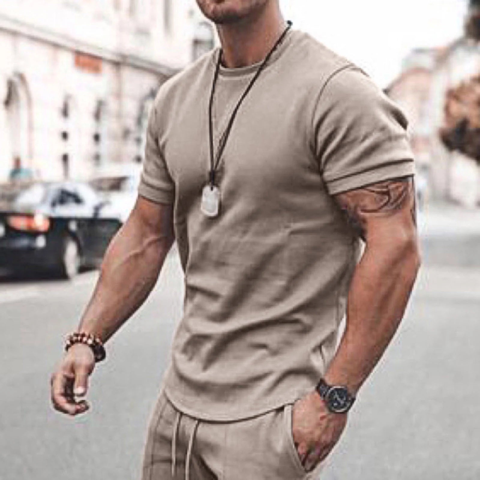 Men'S Short Sleeve T-Shirt and Shorts Set Sport Casual Crew Neck Muscle Sportswear 2 Piece Tracksuit Summer Outfits