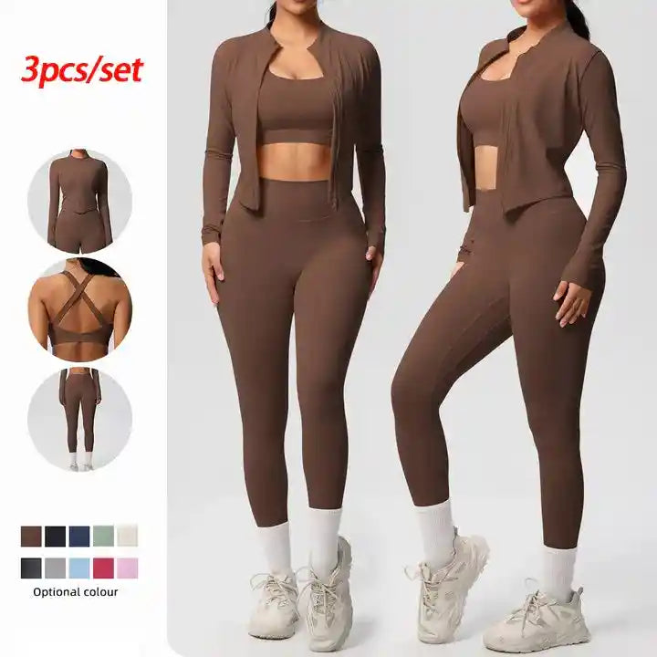 3pcs Sportswear Yoga Set Gym Sports Bra Zipper Jacket Leggings Clothes Colibri