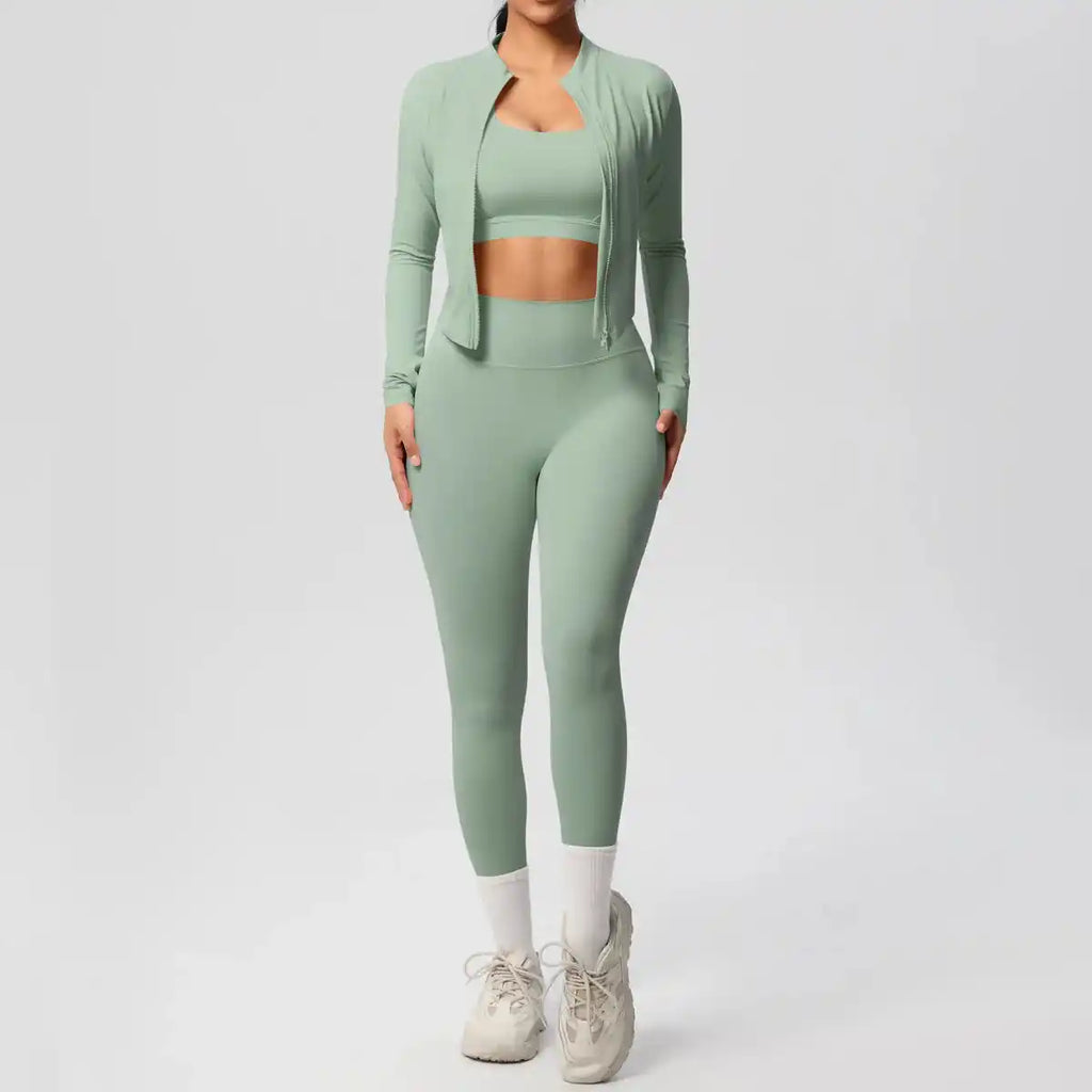 3pcs Sportswear Yoga Set Gym Sports Bra Zipper Jacket Leggings Clothes Colibri