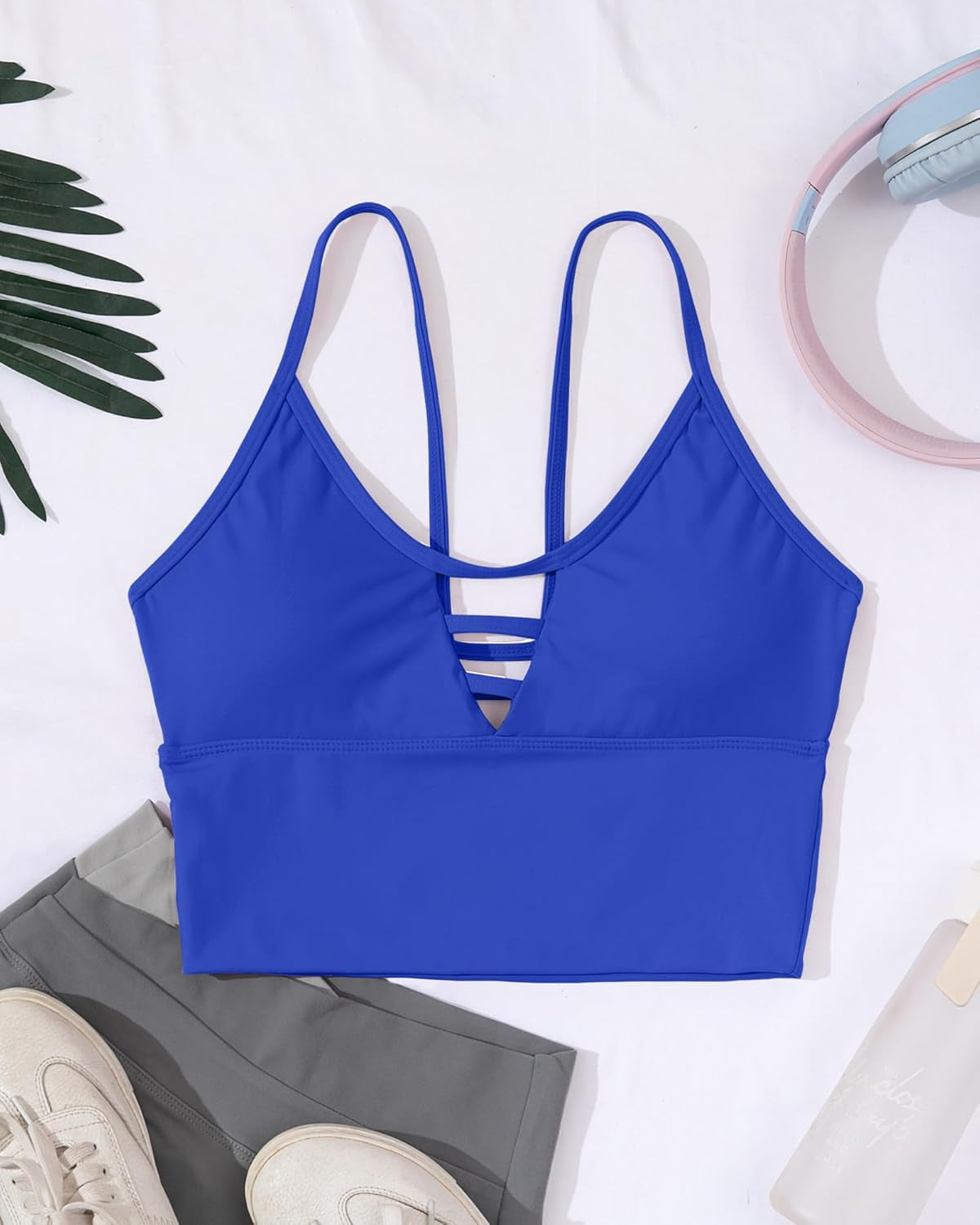 Longline Sports Bras for Women High Support Strappy Push up Workout Tops Built in Bra Padded Crop Yoga Tank Top